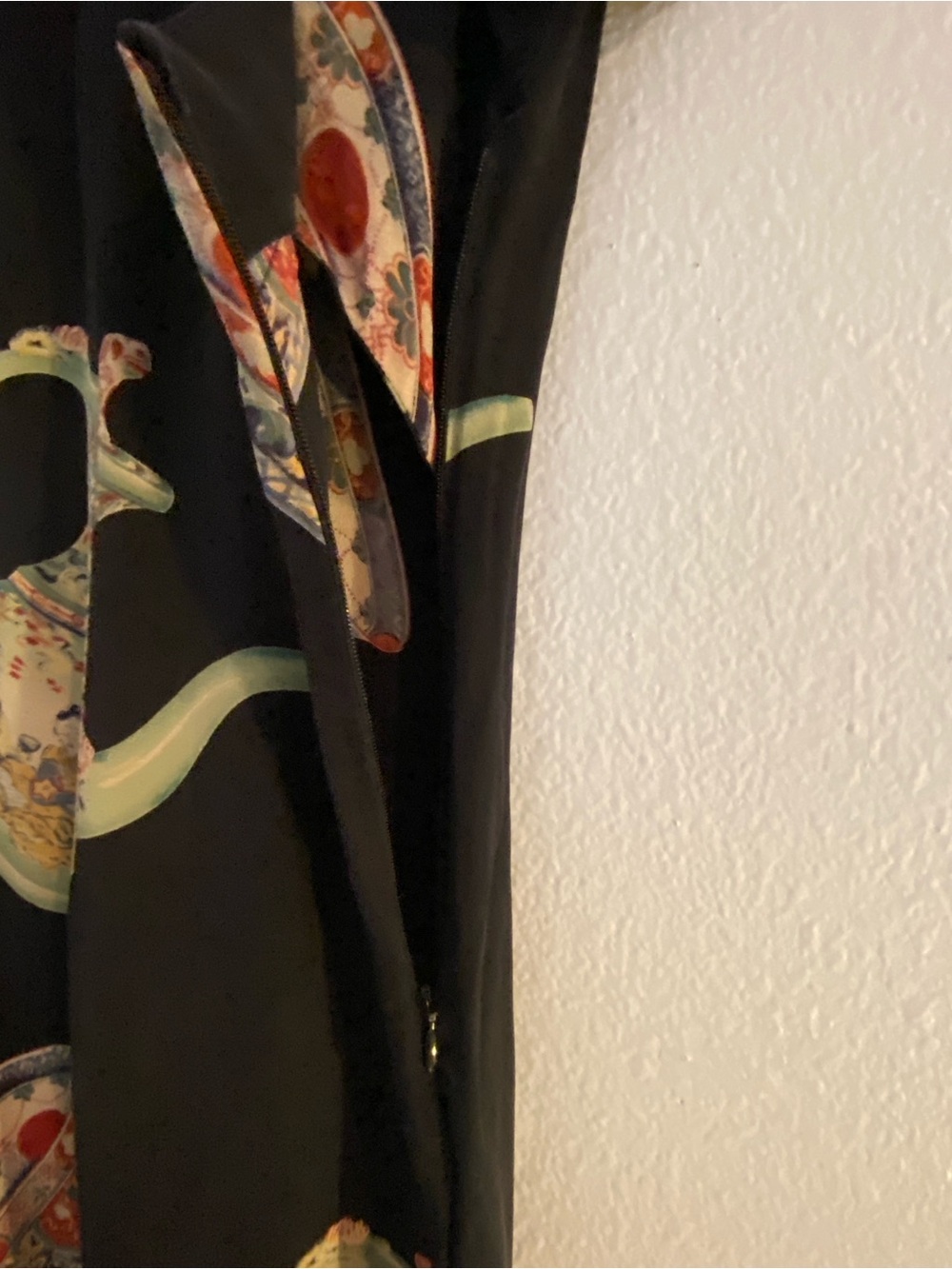 Black 100% Pure Silk Tea Pot Print Midi Dress with Mandarin Collar - Picture 5 of 12